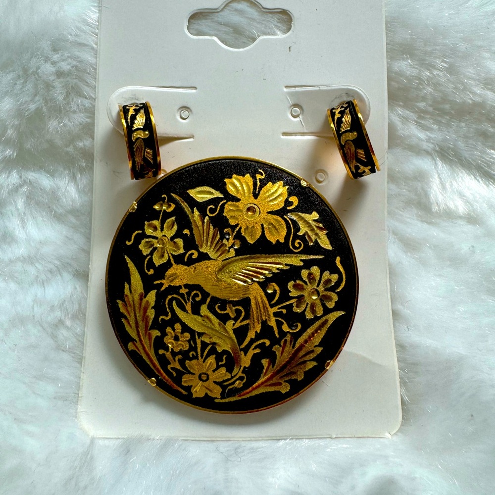 Etched Bird Brooch and Earring Set
